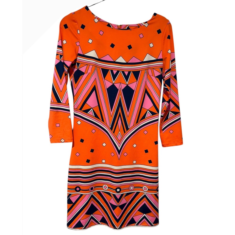 Julie Brown NYC Geometric Print Long Sleeve Shift Dress Orange Pink Navy XS